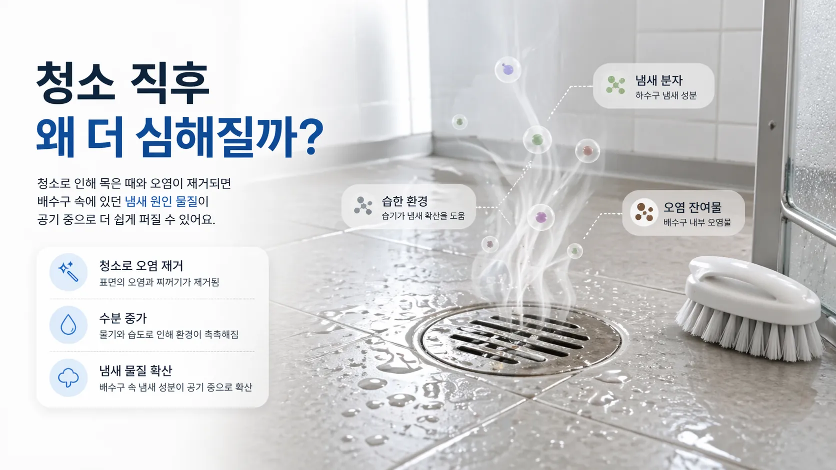 청소 직후 욕실 배수구 냄새가 다시 퍼지는 원리를 보여주는 생활화학 이미지