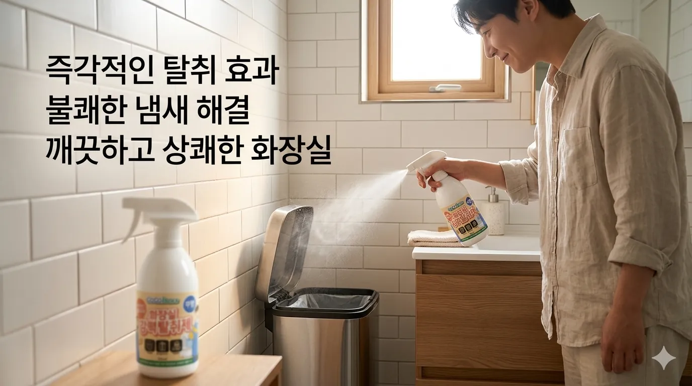 화장실 쓰레기통 근처에서 코코보스 탈취제를 사용하는 장면