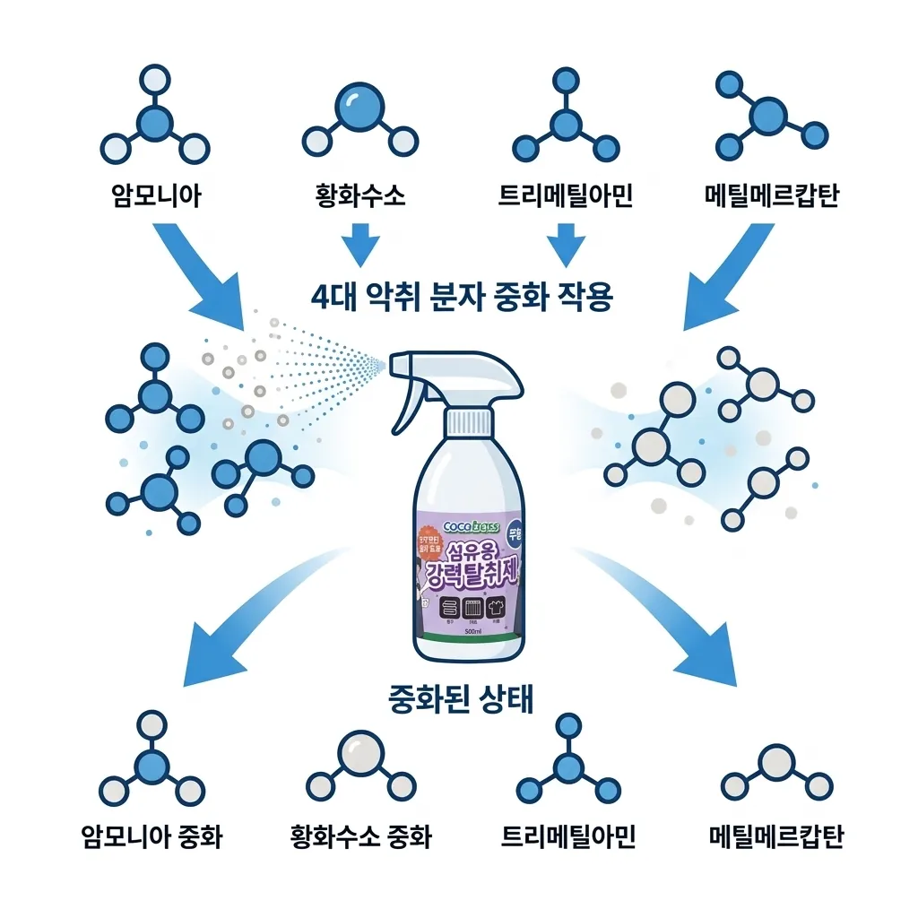 4대 악취 분자를 분해하는 코코보스 탈취 원리 다이어그램