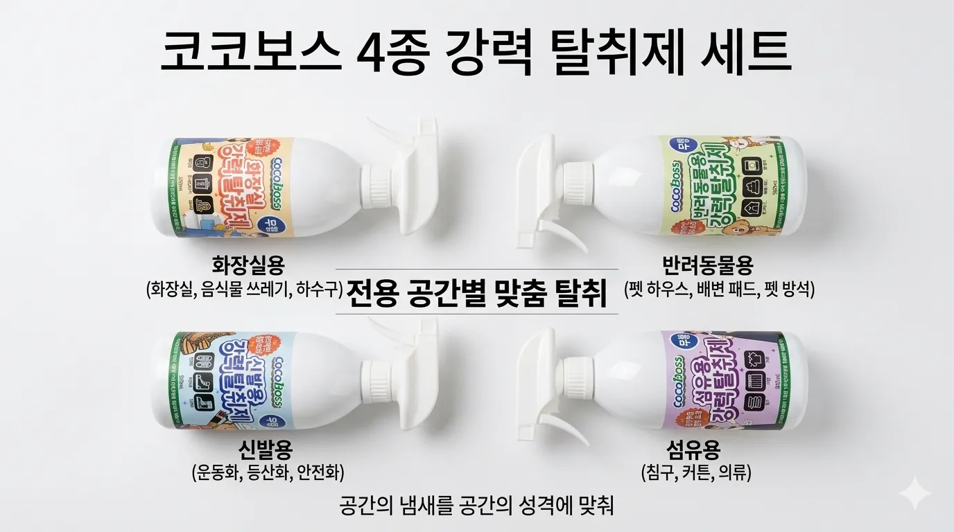 코코보스 4종 제품 라인업 — 코코룸, 코코슈, 코코솜, 코코펩 제품 배치 이미지