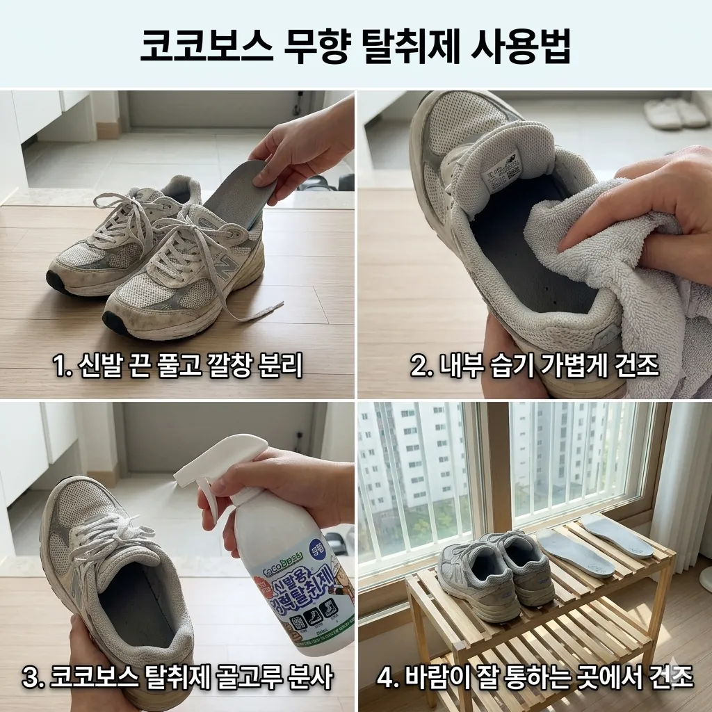 운동화 탈취제 사용 루틴으로 깔창 분리와 내부 분사를 보여주는 단계별 이미지