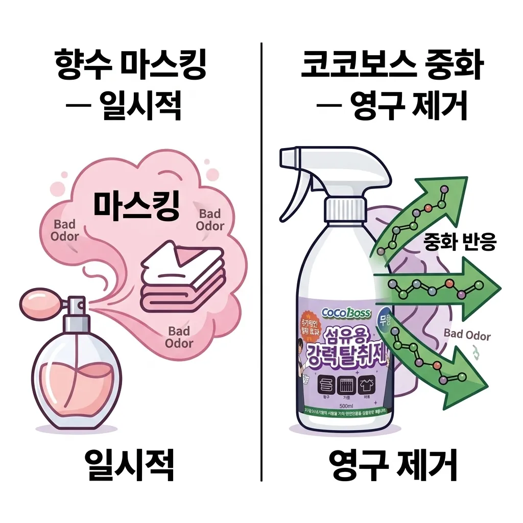 향기 마스킹 방식(임시)과 코코펩 pH 중화 방식(근본 제거) 비교 인포그래픽
