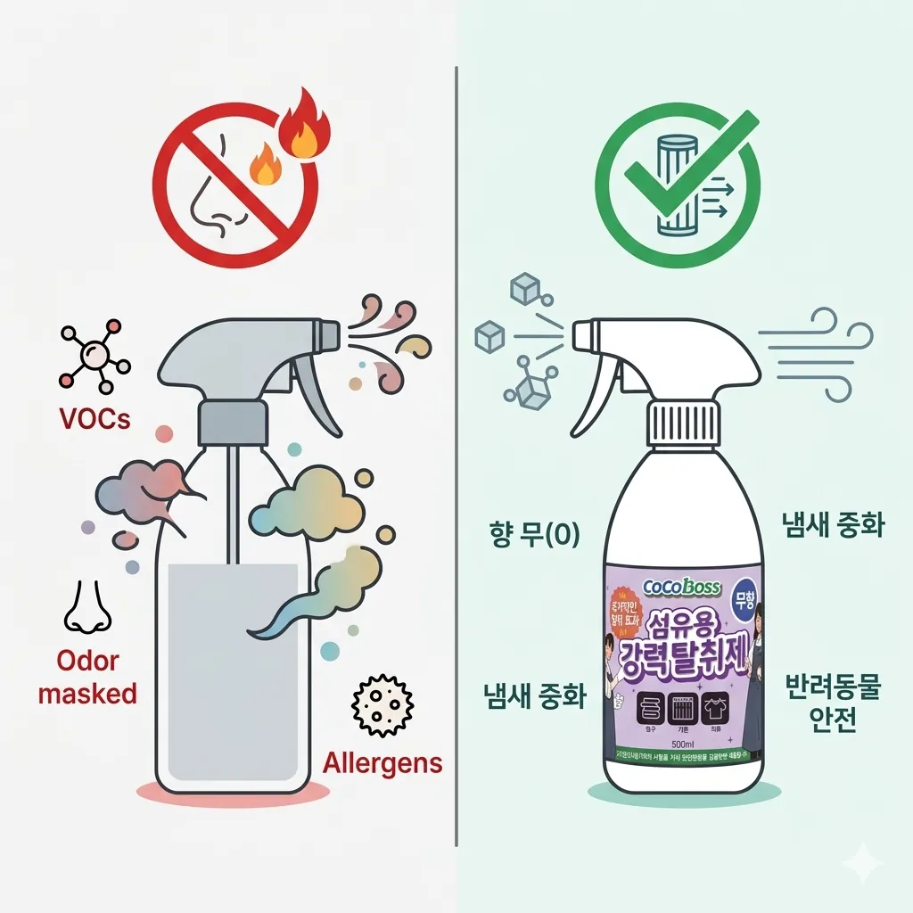 일반 향기 탈취제 vs 코코보스 무향 탈취제 비교 인포그래픽