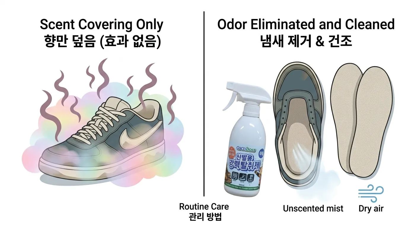 향으로 덮는 신발 관리와 무향 루틴 관리의 차이를 보여주는 비교 이미지