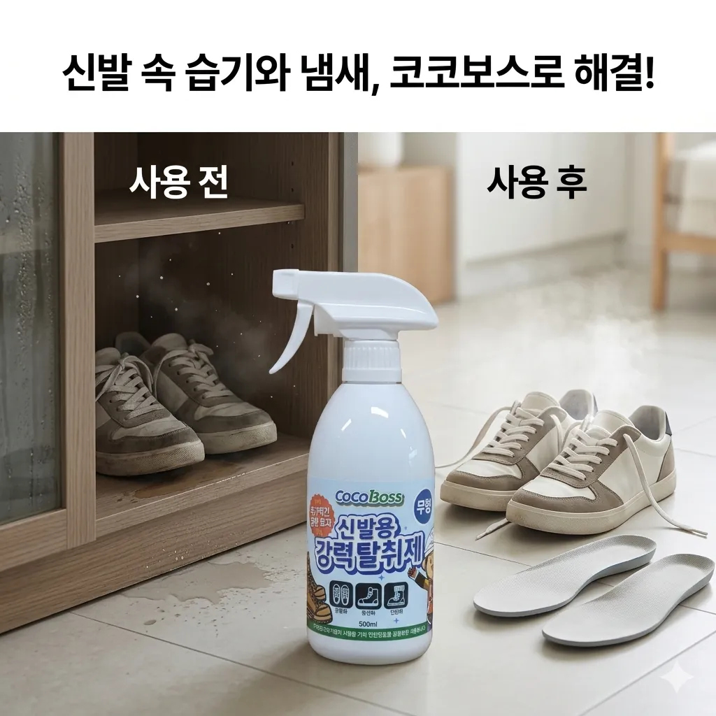 환기 부족한 운동화 보관과 운동화 탈취제 루틴 적용 후 상태를 비교한 이미지