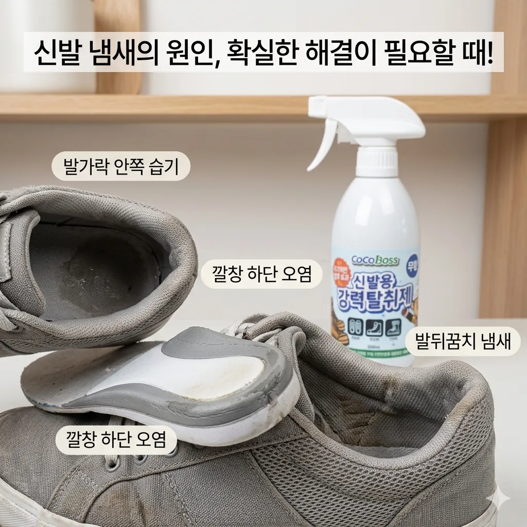운동화 탈취제 사용 전 앞코와 깔창 중심의 냄새 집중 부위를 확인하는 이미지