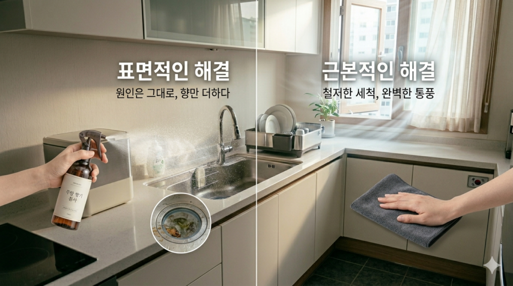음식물 냄새 재발 방지에서 향으로 덮는 방식과 청소 환기 방식 비교 이미지