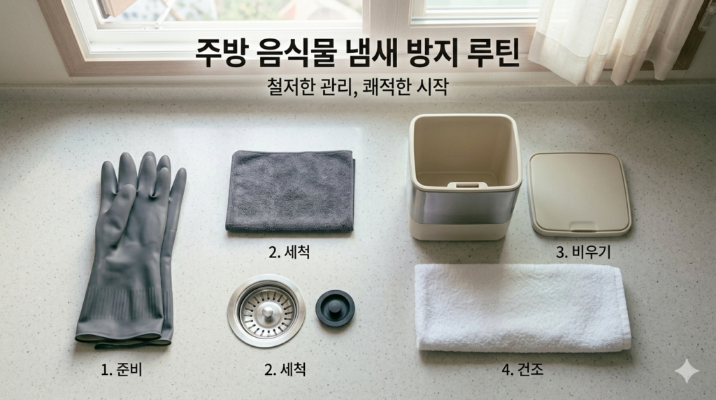 음식물 냄새 재발 방지 루틴을 보여주는 배수구 청소와 건조 준비 장면
