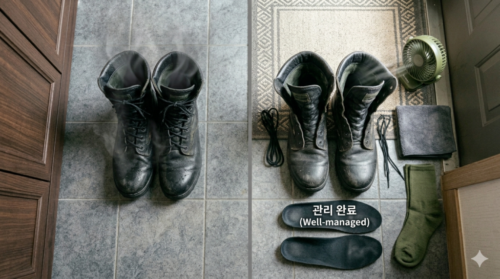 군화 냄새, 휴가 복귀 전 하루 관리법 6 군화 냄새 원인이 되는 젖은 군화와 완전 건조된 군화 비교