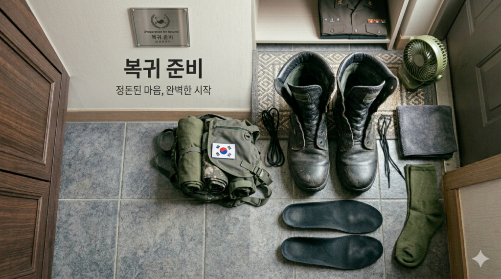 군화 냄새, 휴가 복귀 전 하루 관리법 8 휴가 복귀 전 군화 냄새 관리와 양말 준비를 마친 장면