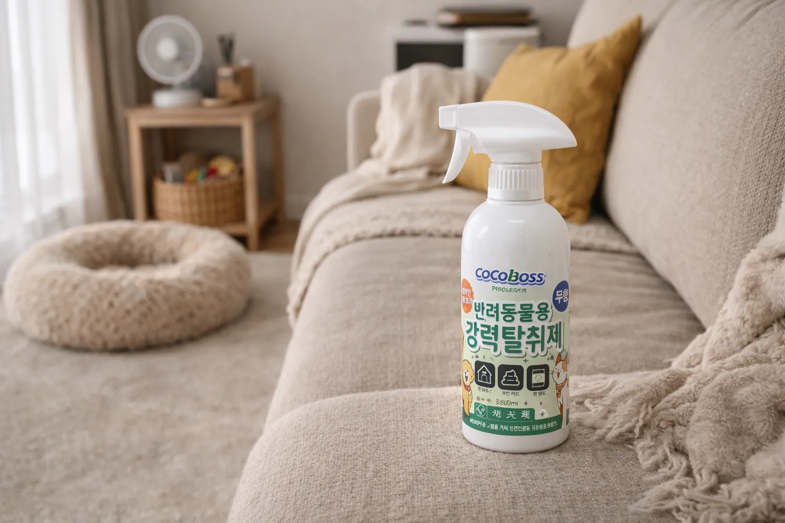 환기 어려운 반려동물 생활공간에서 무향 탈취제를 중심으로 냄새 관리하는 장면