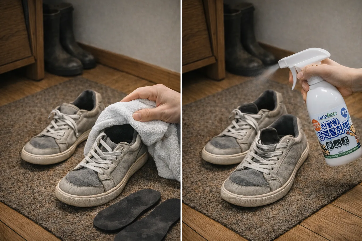 비 온 뒤 신발 냄새 제거 루틴으로 수건 건조 후 무향 탈취제를 분사하는 장면