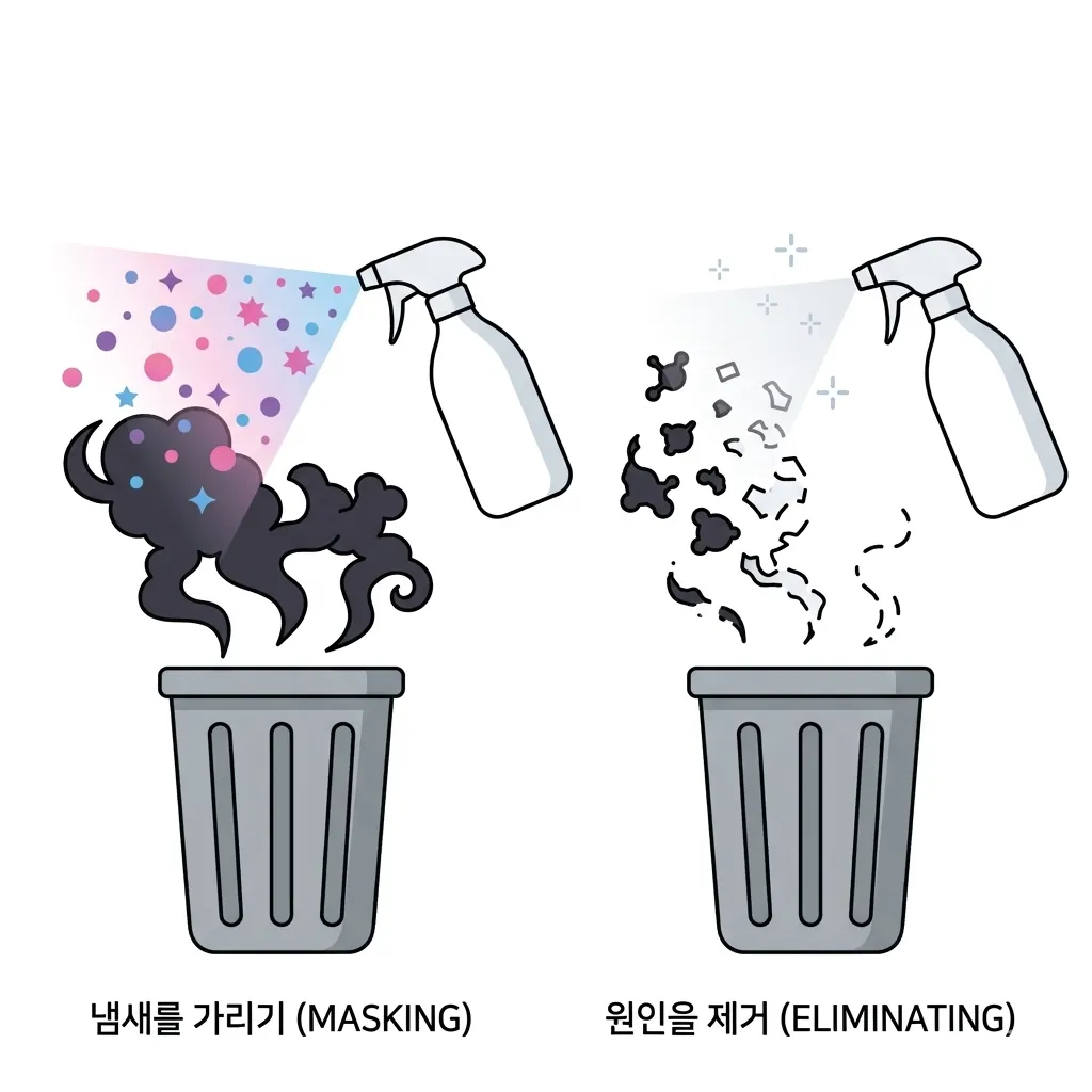 향기로 덮는 탈취제와 냄새를 분해하는 무향 탈취제 비교 이미지