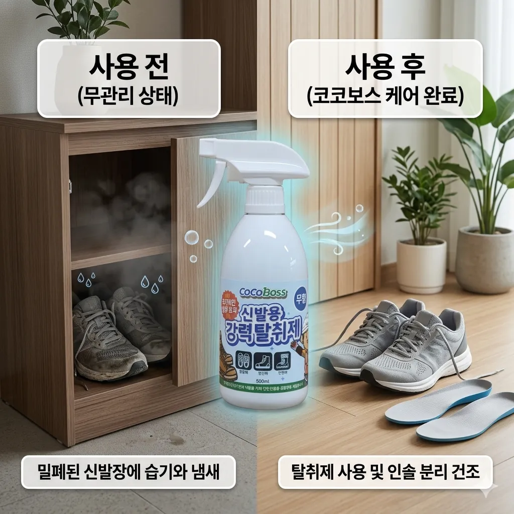 러닝화 냄새 관리 제품 사용 전후와 보관 습관 차이를 보여주는 비교 이미지