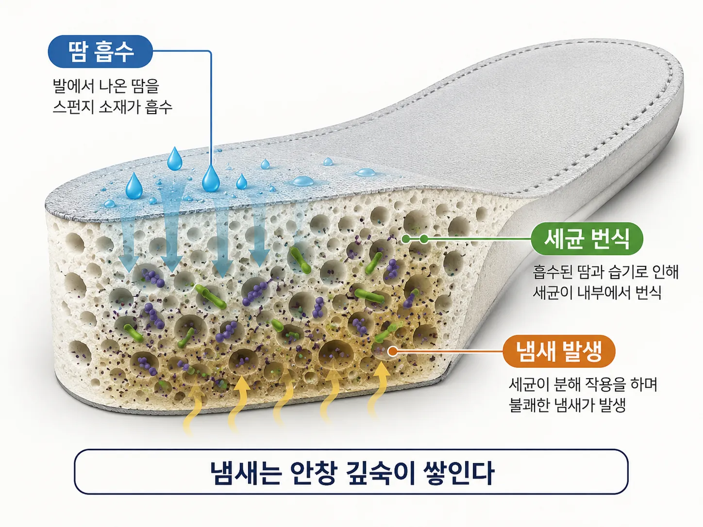 실내화 안창에 땀과 세균이 쌓이는 구조 일러스트