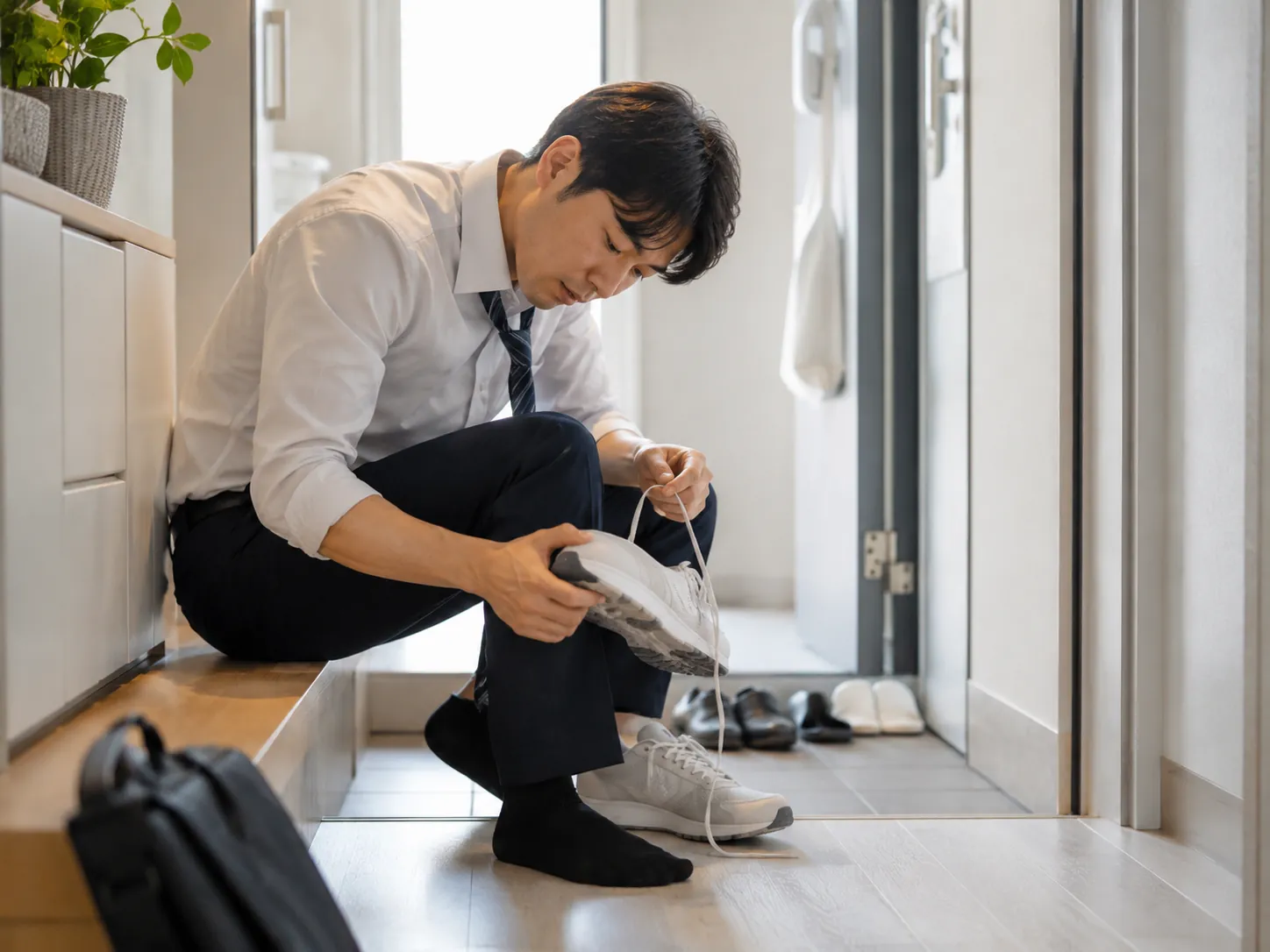 퇴근 후 안전화를 벗고 발냄새를 확인하는 근로자