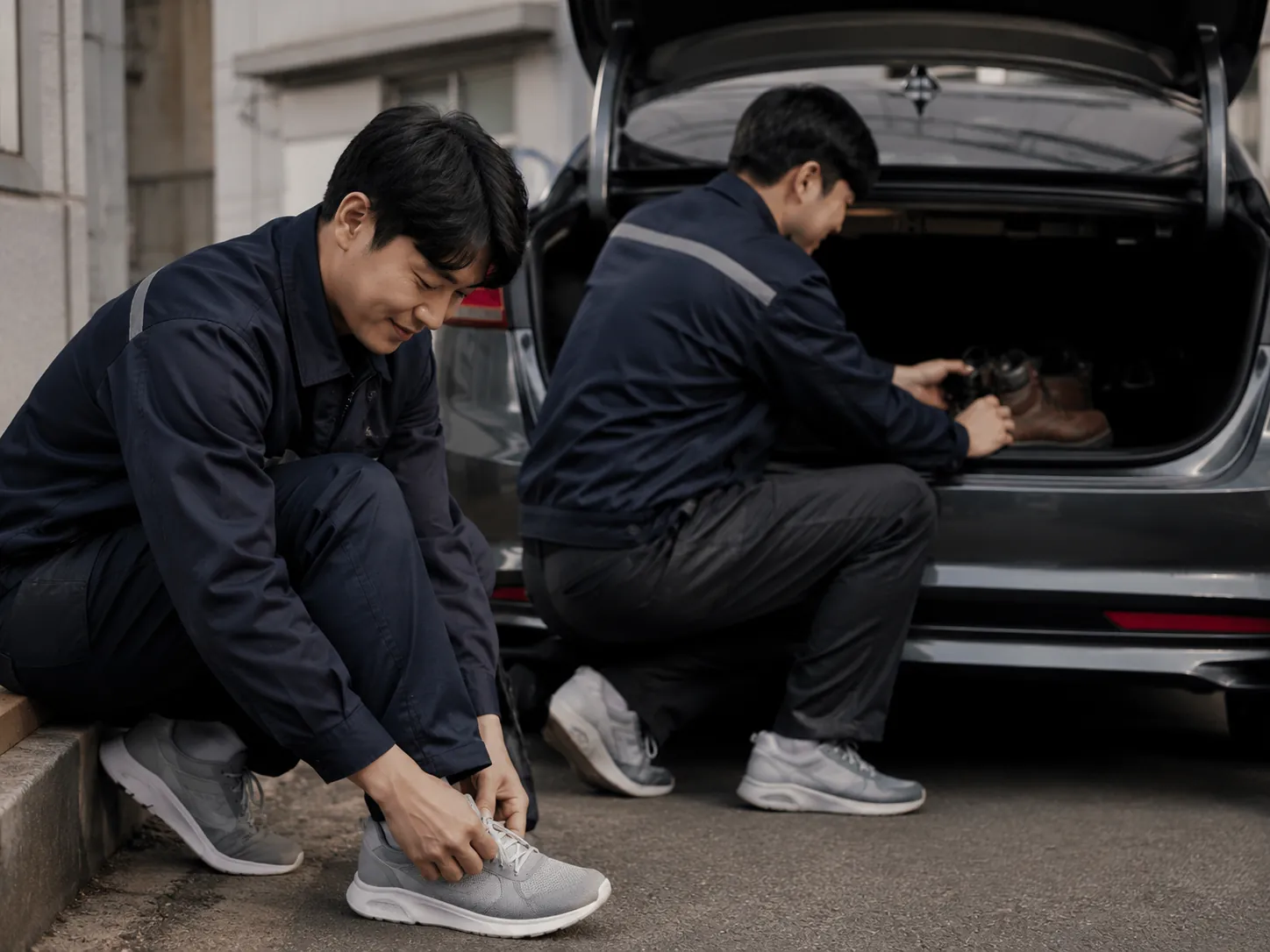 퇴근 후 안전화를 트렁크에 보관하고 운동화로 갈아 신는 근로자